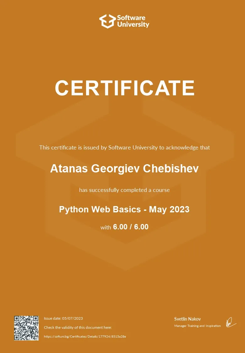 SoftUni Python Web Basics certificate